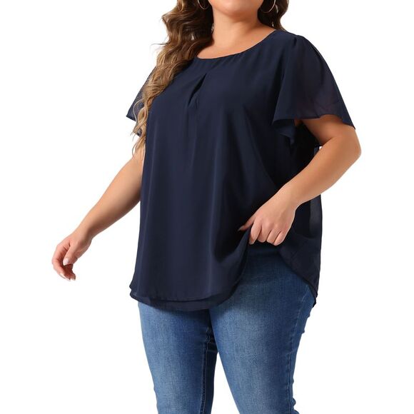 Plus Size Chiffon Blouse Ruffle Sleeve Work Tops Navy Blue - Picture 2 of 5